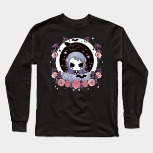 Gothic Portrait of Kawaii Vampire Girl with flowers and bats Long Sleeve T-Shirt